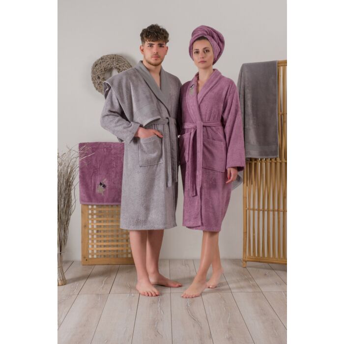 3D familie bamboe badjas set geborduurd s/m & m/l violet pruim/grijs