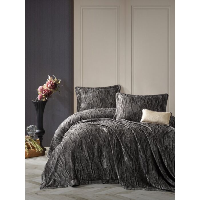 Smart 2-persoons bedsprei set 260x250cm polyester met sierkussen en 2 decoratieve kussenslopen carita antraciet