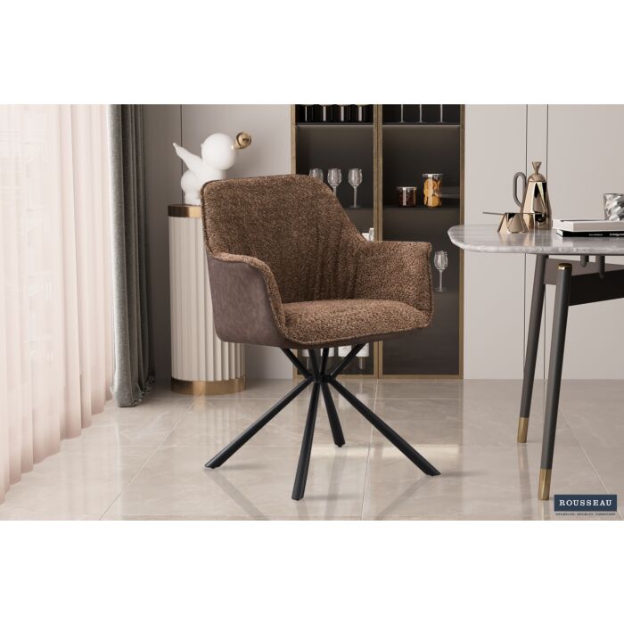 Luno Eetkamerstoel met Armleuning – Bouclé – Zand Kunstleer Rug – Bruin