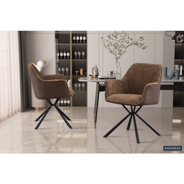 Luno Eetkamerstoel met Armleuning – Bouclé – Zand Kunstleer Rug – Bruin