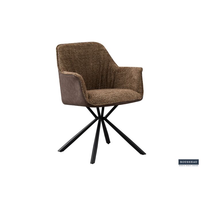 Luno Eetkamerstoel met Armleuning – Bouclé – Zand Kunstleer Rug – Bruin