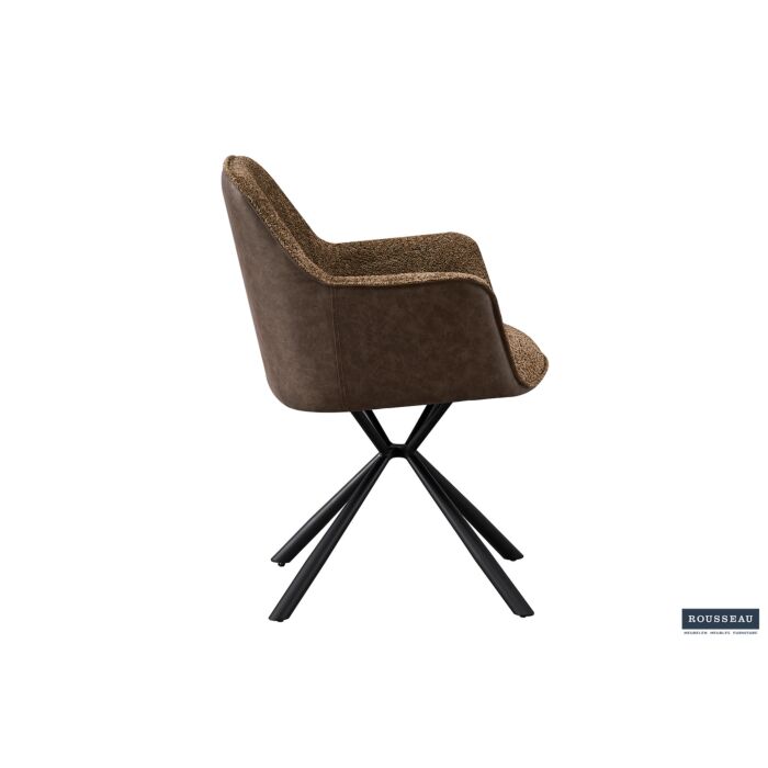 Luno Eetkamerstoel met Armleuning – Bouclé – Zand Kunstleer Rug – Bruin